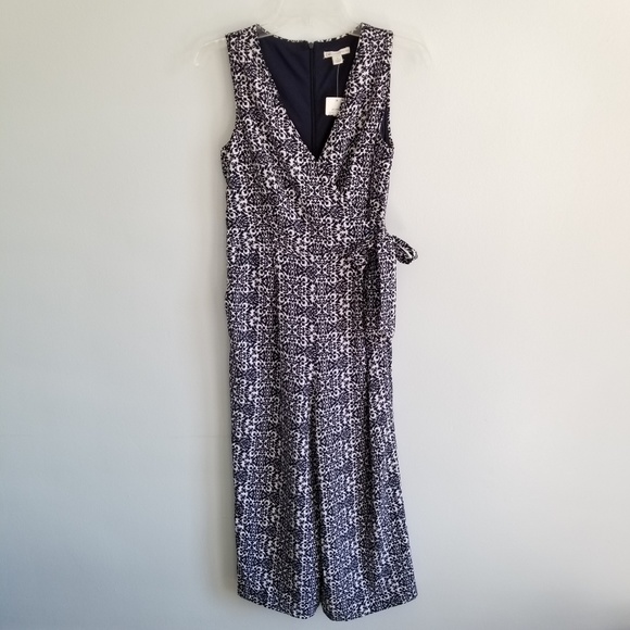 New with Tag CATO Faux Wrap Wide Leg Cropped Jumpsuit Playsuit Navy 2 XS S Print - Picture 2 of 8